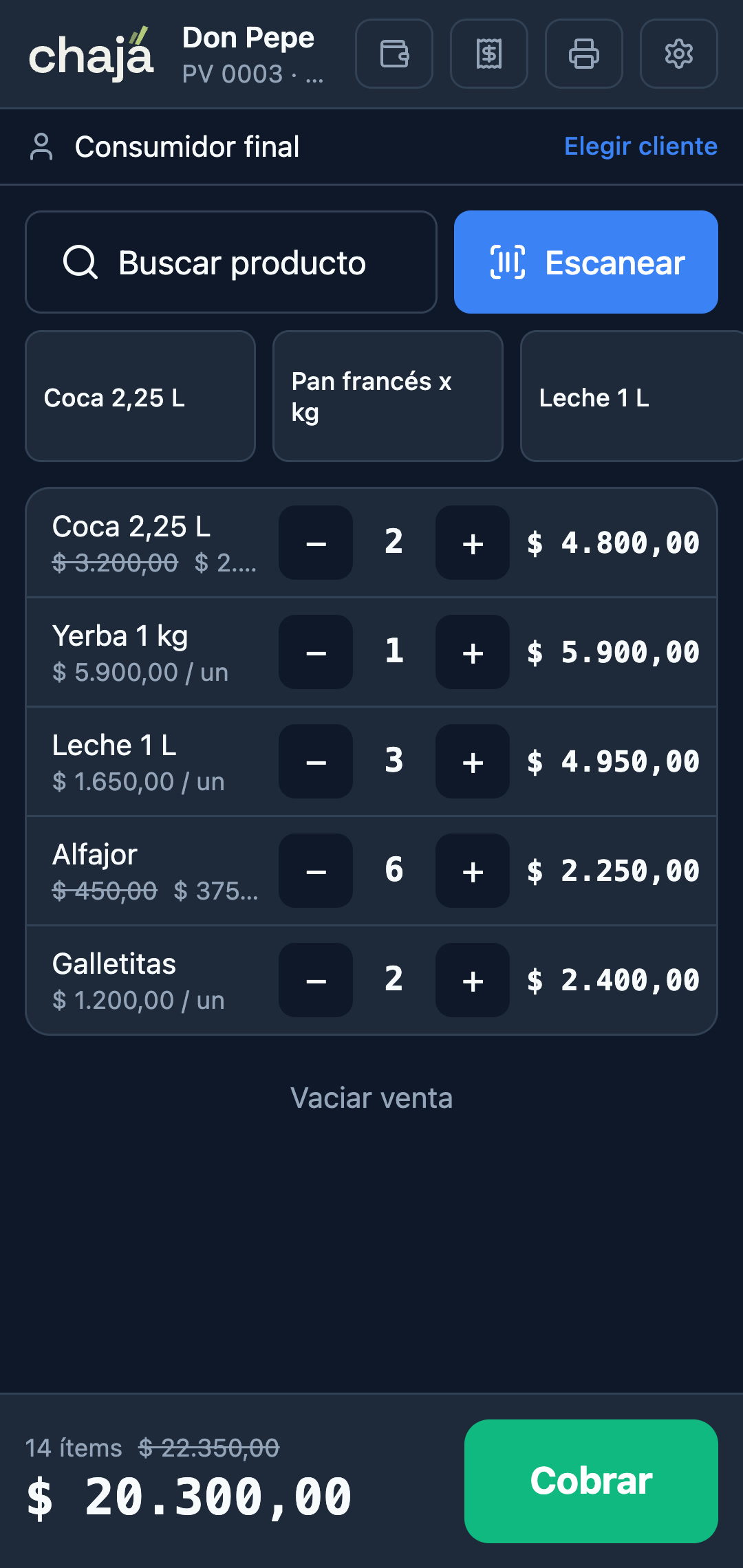 App de Chajá en un handheld: venta con promociones aplicadas, precios tachados y total de $20.300