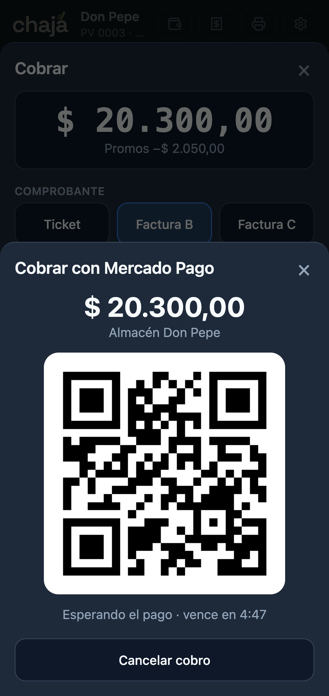 Cobro con QR de Mercado Pago en la pantalla de la app